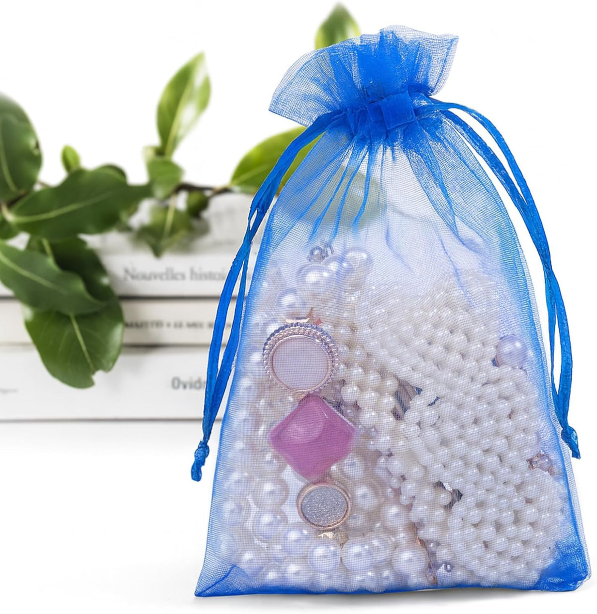 ANZNKU 100 Pack Organza Bags 4x6 Inch, Small Mesh Bag Drawstring Jewelry Pouches, Organza Gift Bags for Baby Shower, Party Favors(Royal Blue)