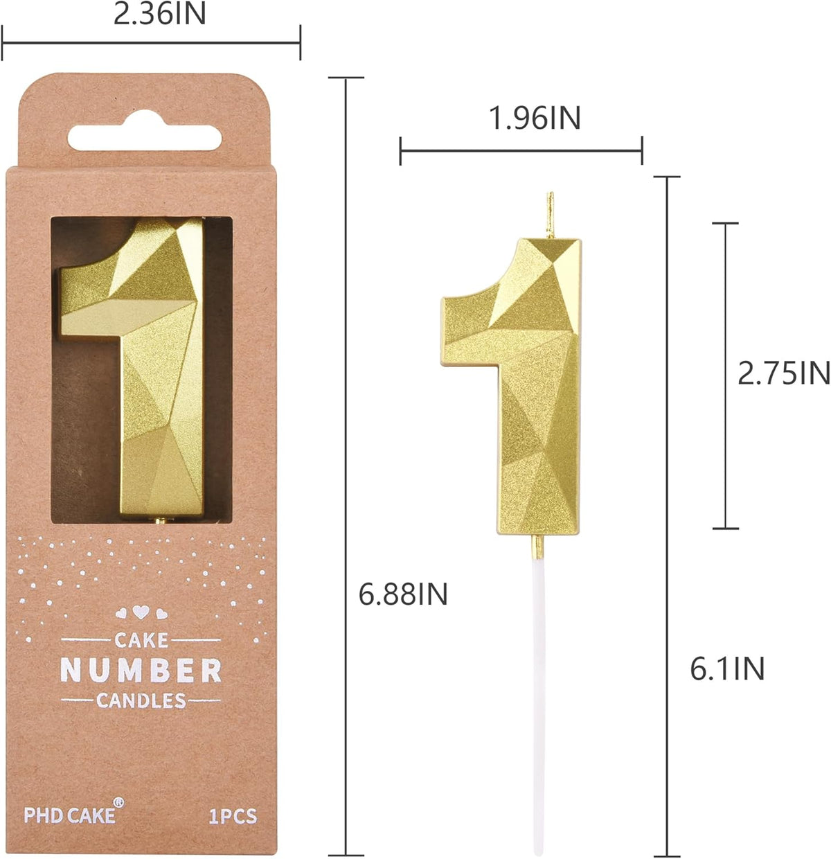 PHD CAKE 2.76 Inch Crystal Gold 1 Number Birthday Candles, Gold Number Candles, Cake Number Candles, Party Celebration