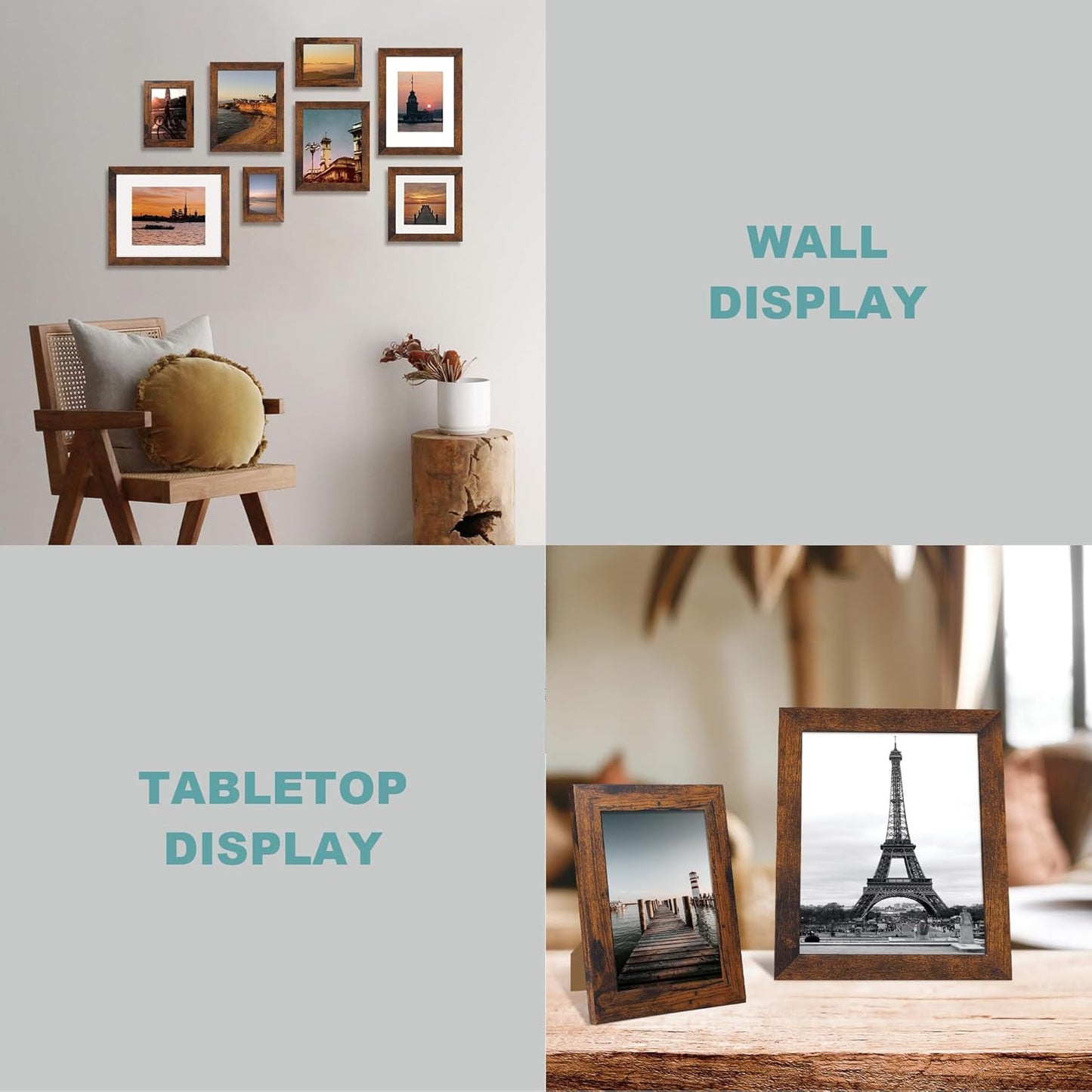 8.5x11 Picture Frame Set of 4, High Definition Real Glass Rustic Frame, Wood Photo Frames 8.5 by 11 Diploma Document for Wall Hanging and Tabletop Display