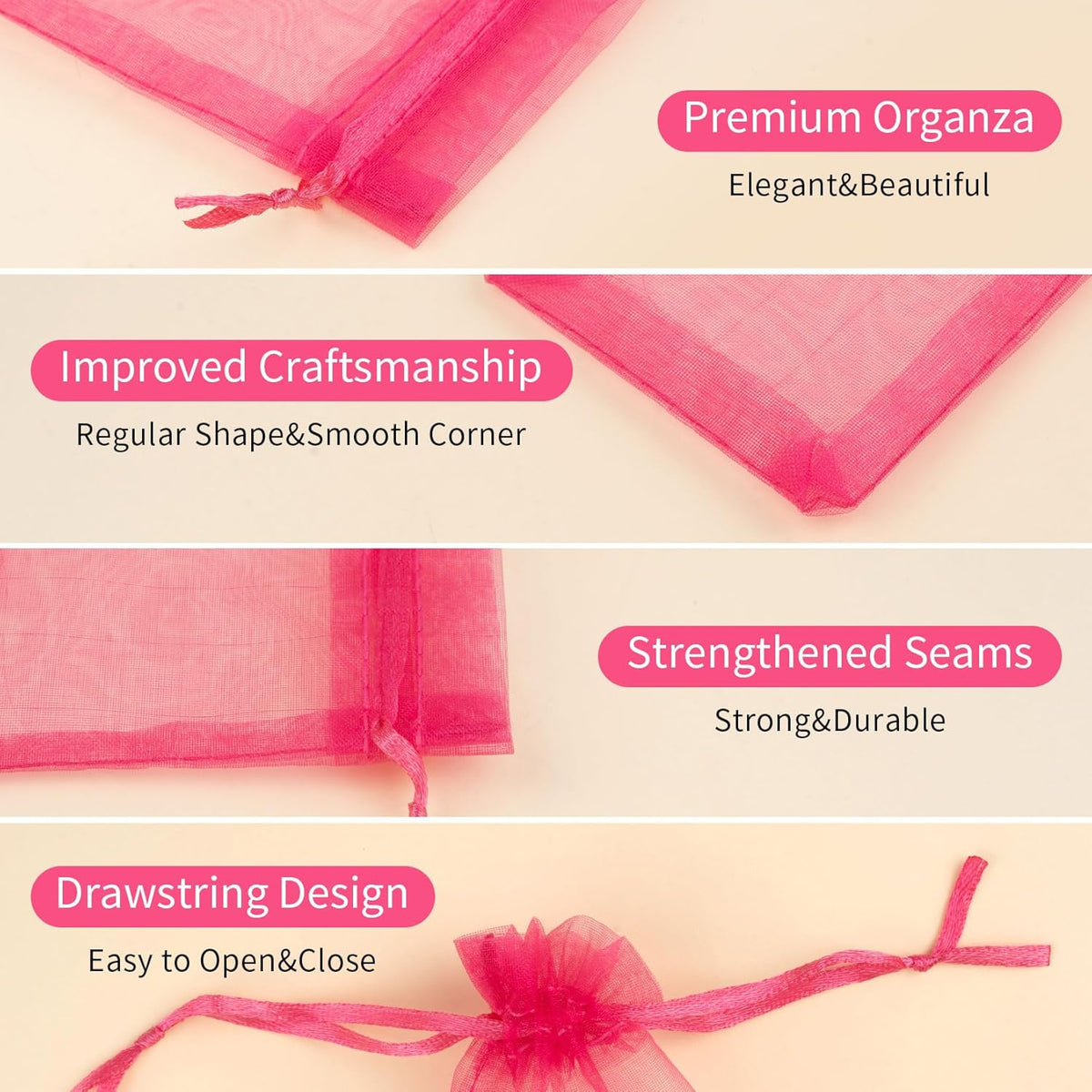 50 Pcs Hot Pink Organza Gift Bags 5x7 Inch, Small Mesh Bags Drawstring Jewelry Pouch Bags Goody Bags for Candy Wedding Party Favor