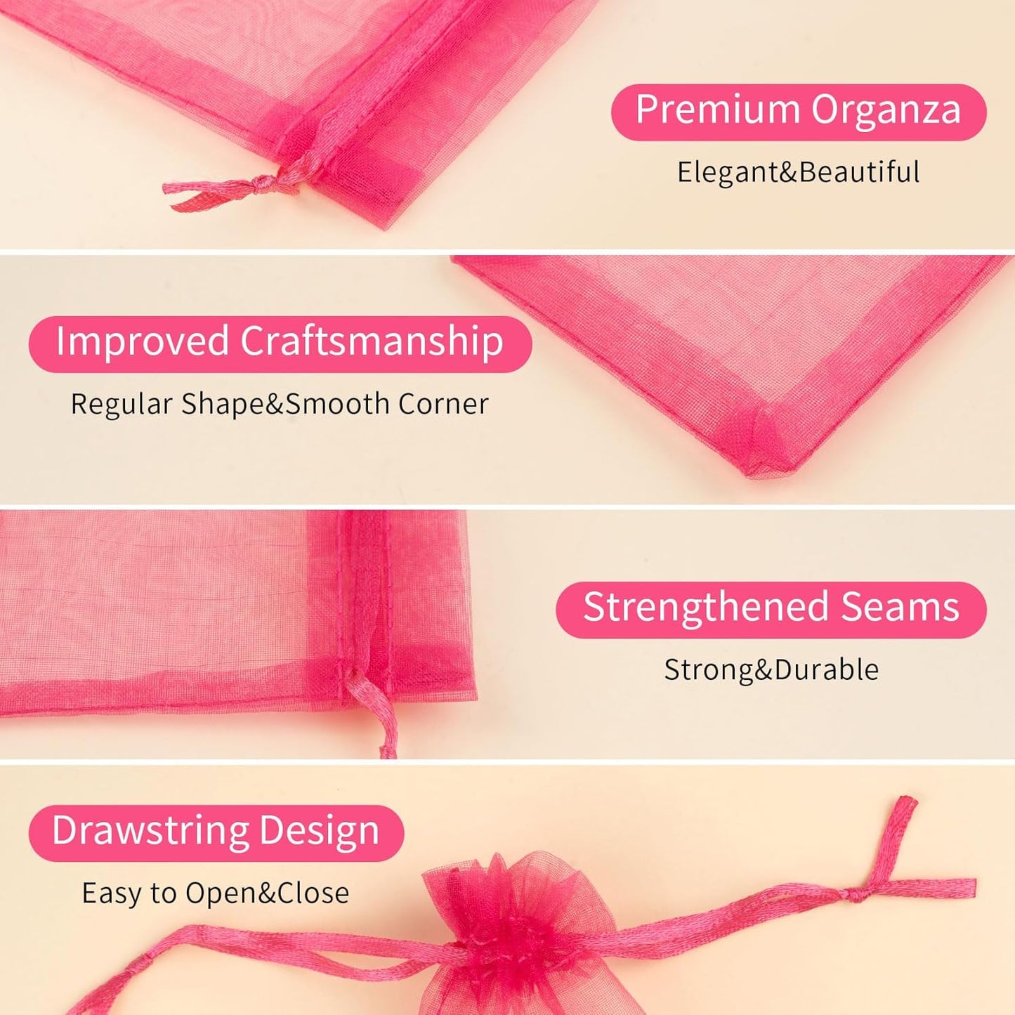 50 Pcs Hot Pink Organza Bags, 4x6 Inch Small Mesh Bags Drawstring Jewelry Pouch Bag Gift Bag Bulk for Wedding Party Favor