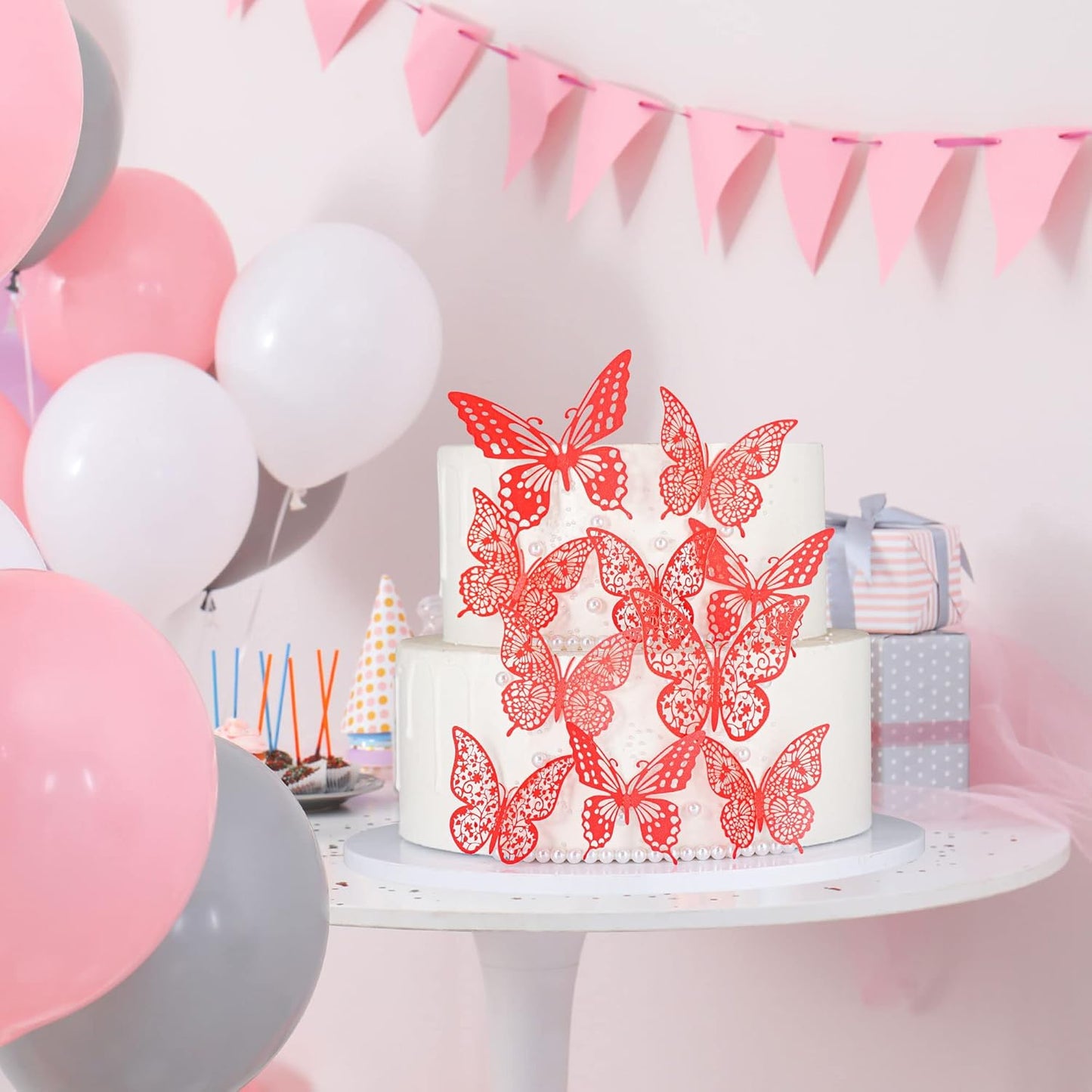 Gyufise 36 Pack Red Glitter 3D Butterfly Cupcake Toppers Hollow Cake Decorations for Birthday Wedding Fairy Party Wall Sticker Decal
