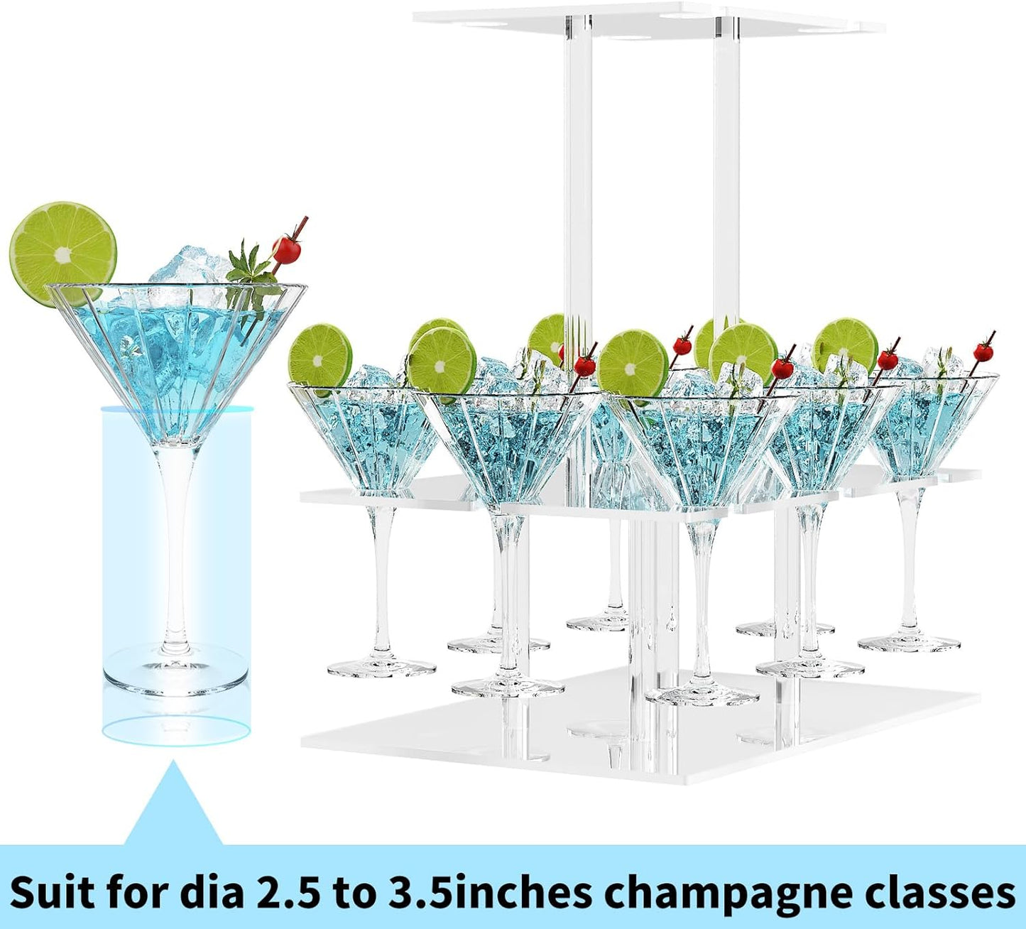 Champagne Tower, Rectangle Acrylic Champagne Display Rack Stand with 12 Slots, 2 Tiers Floating Sight Champagne Flute Holder for Party, Wedding, School, Celebration, 13.3x9.4x15.3 inch
