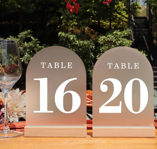 Wedding Table Numbers 16-20, Acrylic Arch Signs with Natural Wood Stands Holders, Rustic Table Decor for Reception & Parties (Frosted White)