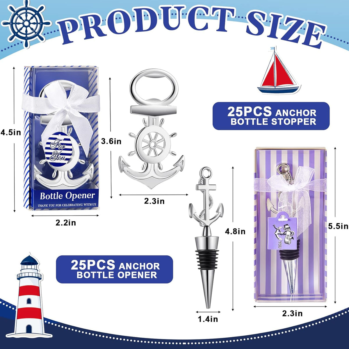 Zhehao 50 Pcs Anchor Bottle Stopper Bottle Opener Wine Bottle Stopper for Beach Nautical Themed Gifts Set Wedding Party Favors Bridal Baby Shower Decorations Holiday Birthday Souvenirs Guests, Silver