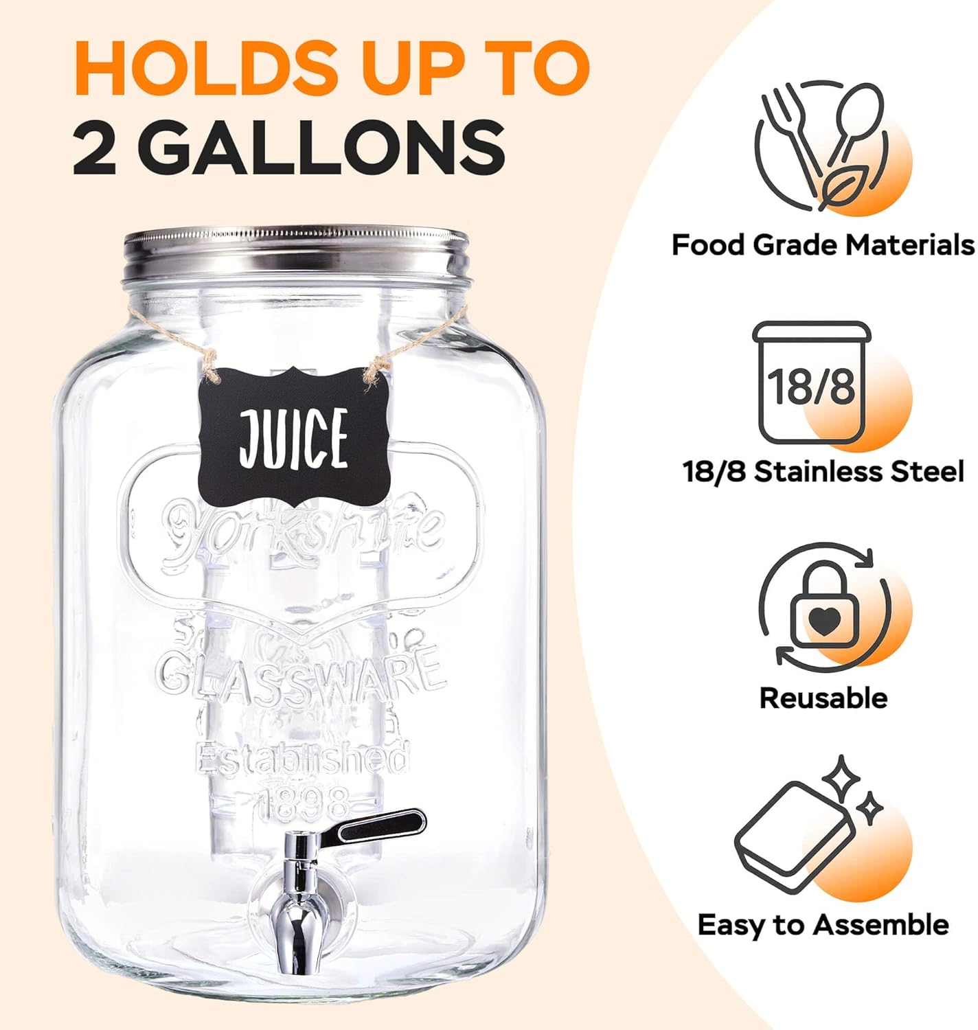 2 Gallon Glass Drink Dispenser for Parties, Beverage Dispenser with Stand, Lemonade Dispenser with 18/8 Stainless Steel Spigot, Leakproof for Sun Tea, Juice, Picnic, BBQ & Bars