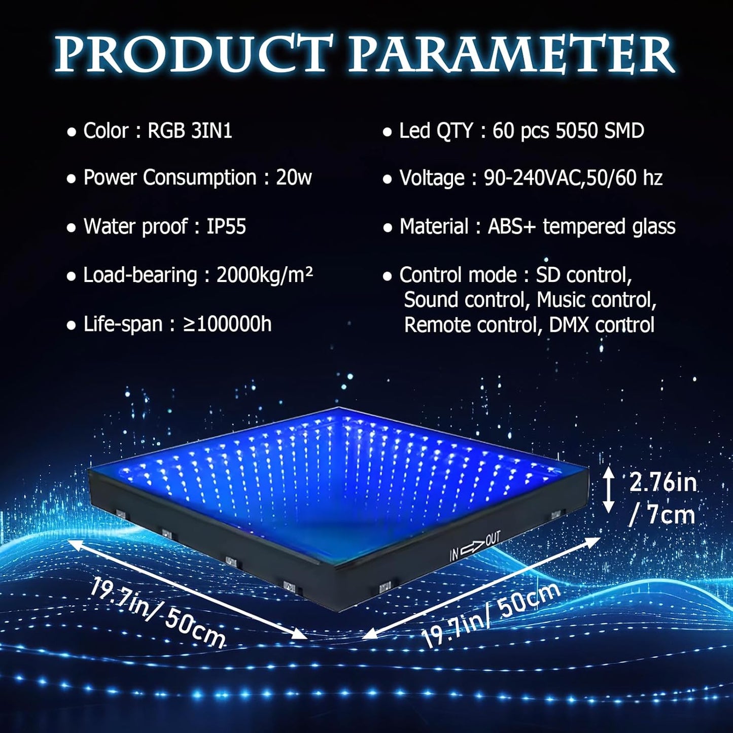 Dance Floor Stage Lights-Tempered Glass with Flight Case - RGB Color Changing Lights for Wedding, Party, Club - Non-Slip (3D -Magnetic, 12 * 12 FT)