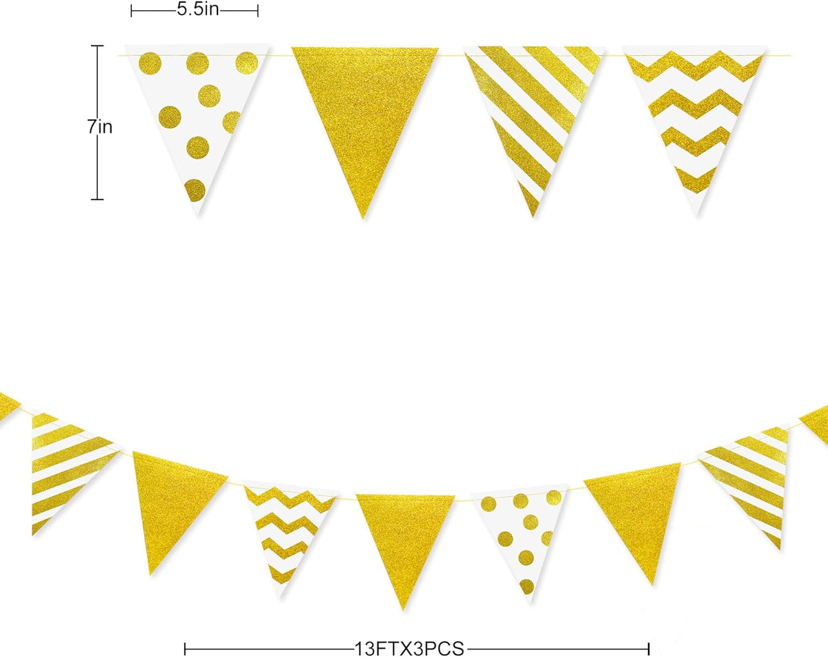 39Ft White and Gold Party Decorations Polka Dot Stripe Triangle Pennant Banner Glitter Foil Paper Flag Bunting Garland for Birthday Graduation Anniversary Wedding Bridal Baby Shower Hen Party Supplies