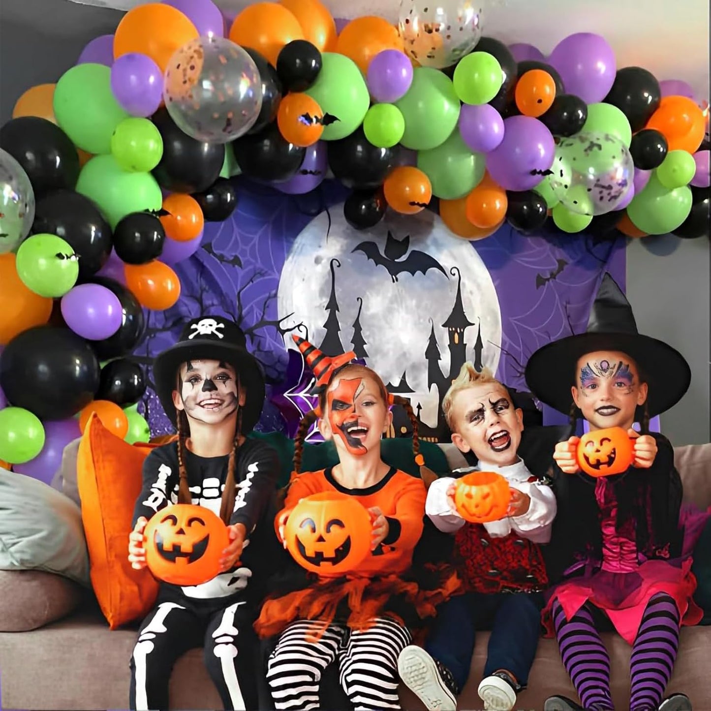 Patimate Halloween Decorations Balloons Set, 50 pcs 12 inch Purple Green Orange Black Confetti Latex Balloons Kit for Halloween Baby Shower Birthday Bachelorette Trick or Treat Party Supplies