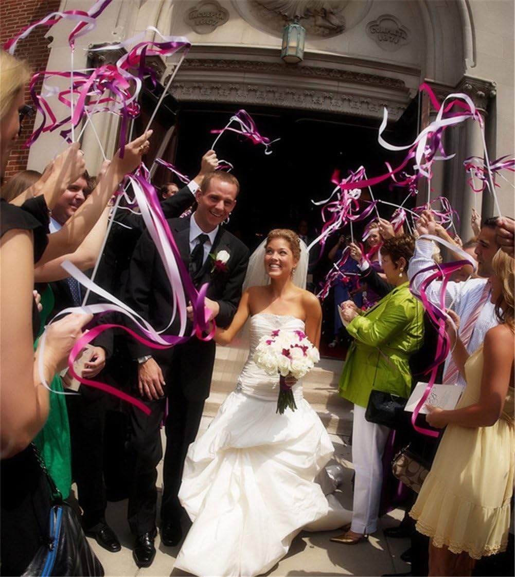 100PCS Ribbon Stick Wands Wedding Streamers with Silk Fairy Stick Wand for Wedding Party Baby Shower Send Off Party Activities Holiday Celebration Favors (Red-100PCS)