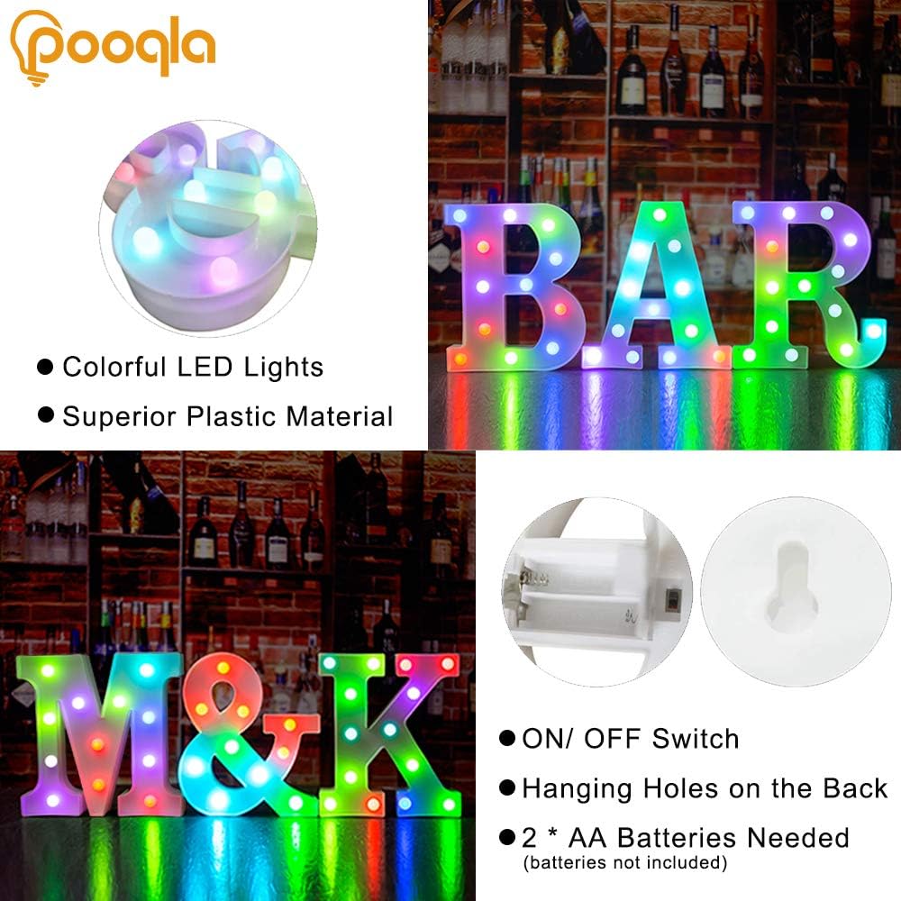 Pooqla Colorful LED Marquee Letter Lights with Remote – Light Up Signs Party Bar Letters Decorations for The Home - Multicolor K