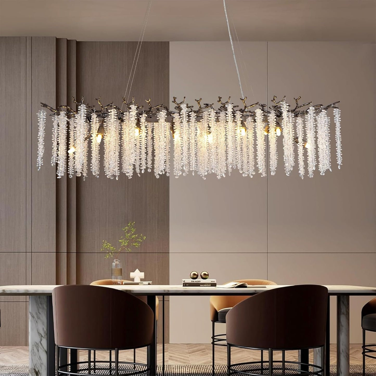 YUYI Black Crystal Chandelier, Modern 47.2" Rectangular Chandeliers for Dining Room,K9 Large Luxury Flush Mount Chandelier for Foyer Living Room,Kitchen Island Hanging Light Fixture