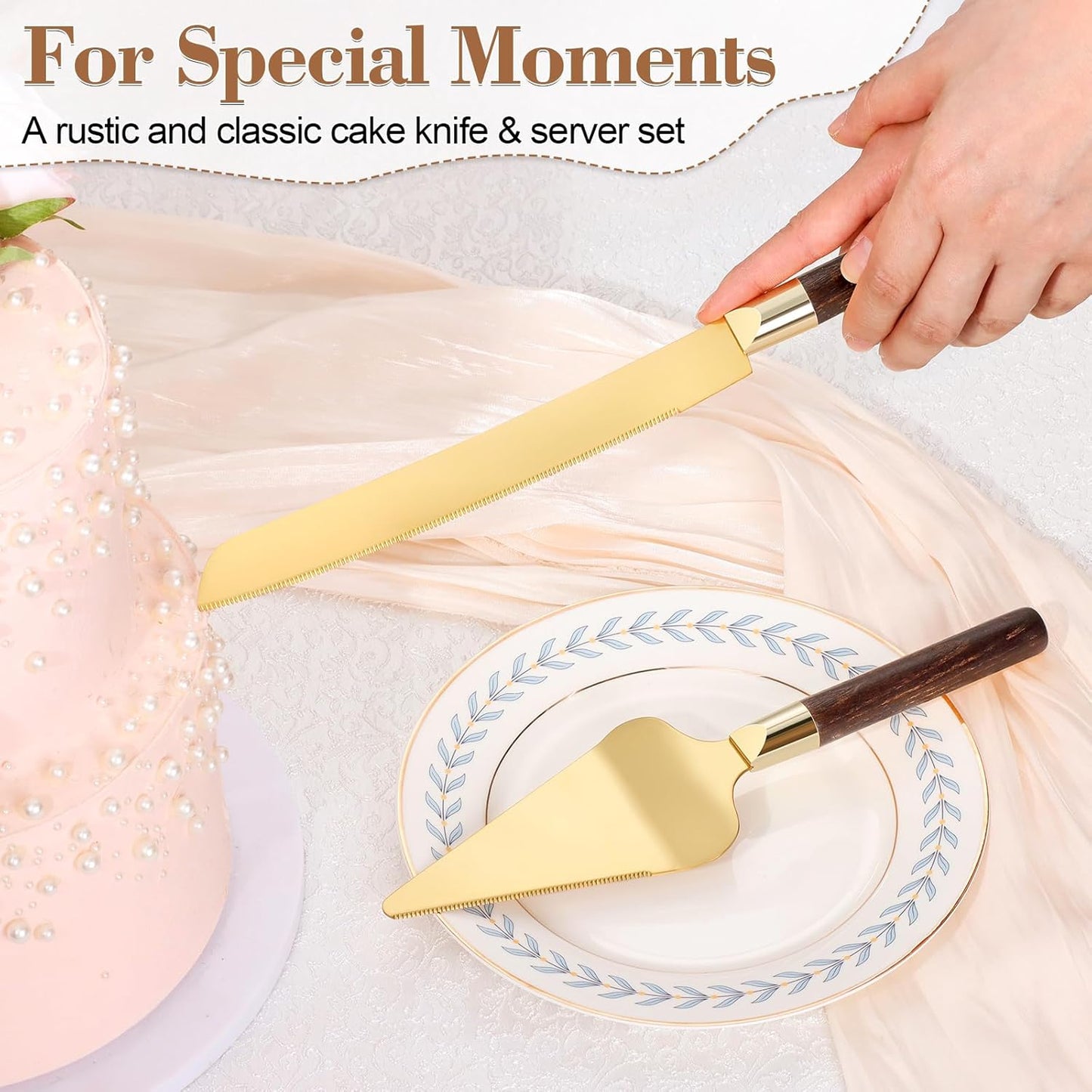 Gold Cake Cutting Set for Wedding, Wood Cake Knife and Server Set, Vintage 2-Piece Pie Cutter Set, Serrated Pizza Dessert Utensils, Bridal Birthday Quinceañera Gift (Walnut color)