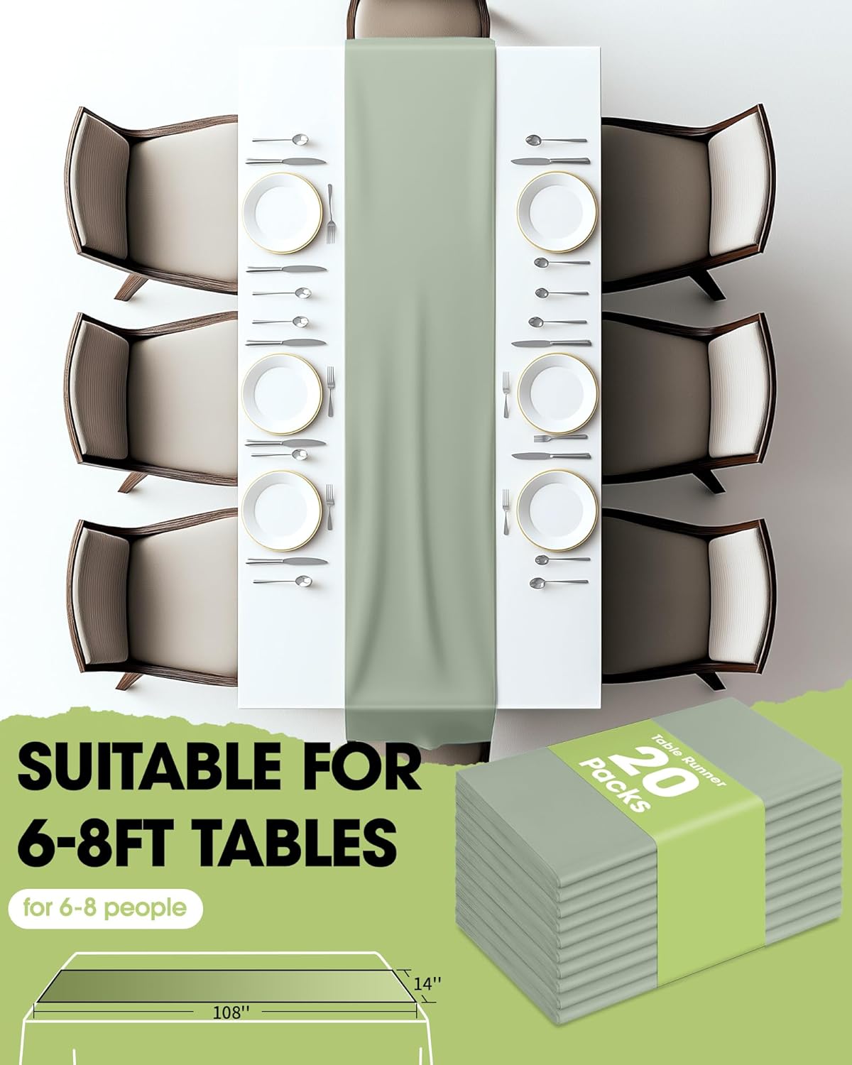 Pureegg Sage Green Plastic Table Runners - 20 Pack, 14'' x 108'', Water Resistant & Disposable Centerpiece Decorations for Table Cloth, Wedding, Birthday, Holiday, Baby Shower, Party, Home Decor