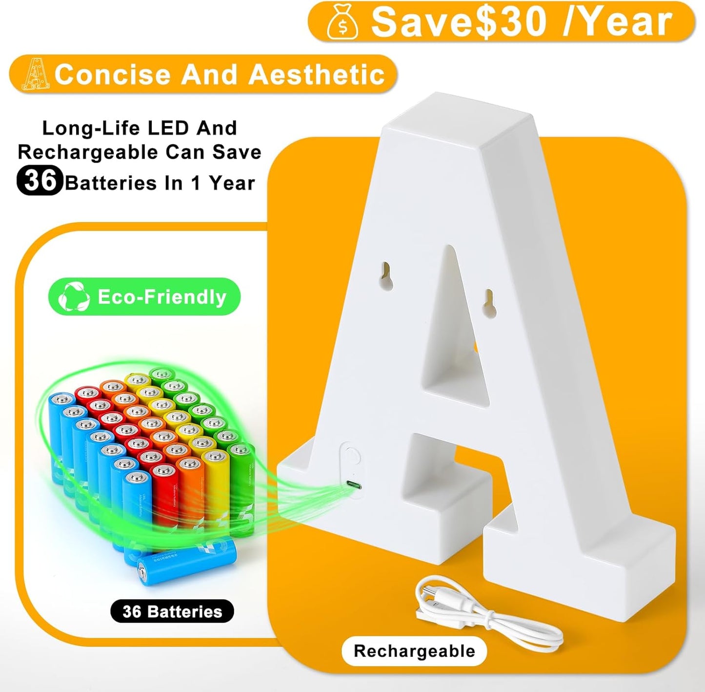 Foaky Rechargeable LED Letter Lights Sign Marquee Light Up Letters Sign for Night Light Wedding/Birthday Party Christmas Lamp Home Bar Decoration (H)