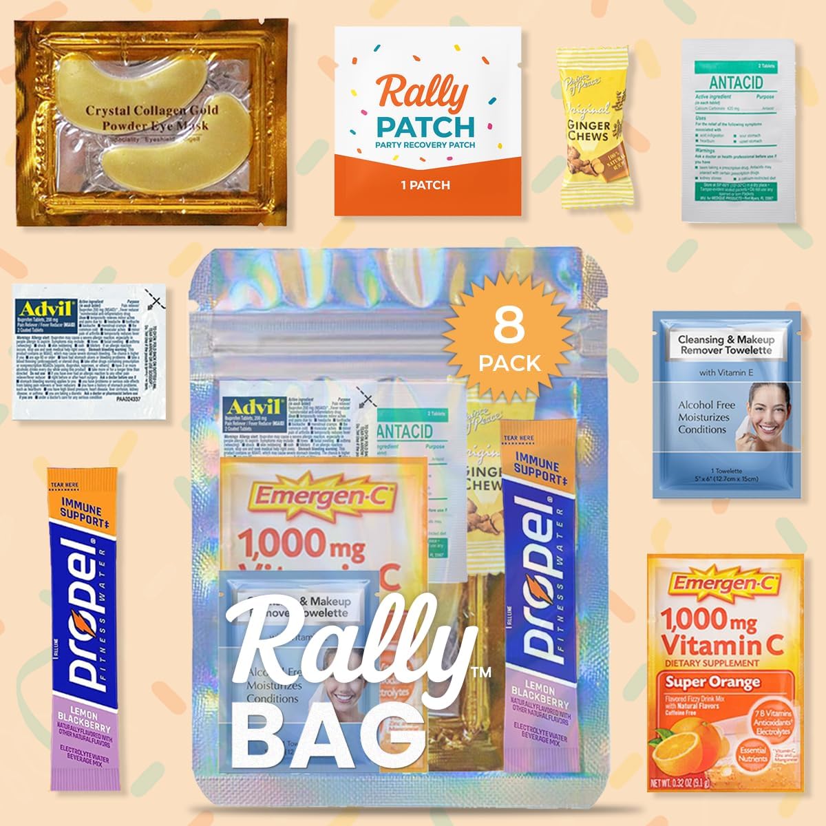 Real Vitamins 8 Pre-Filled Hangover Kits for Bachelorette Party Favors, 21st Birthday, Girls Trips Gift Favors & Weddings | Rally Bag 56 Pcs Bulk Hangover Kit Supplies & Now Bigger Bags (8 Kits)