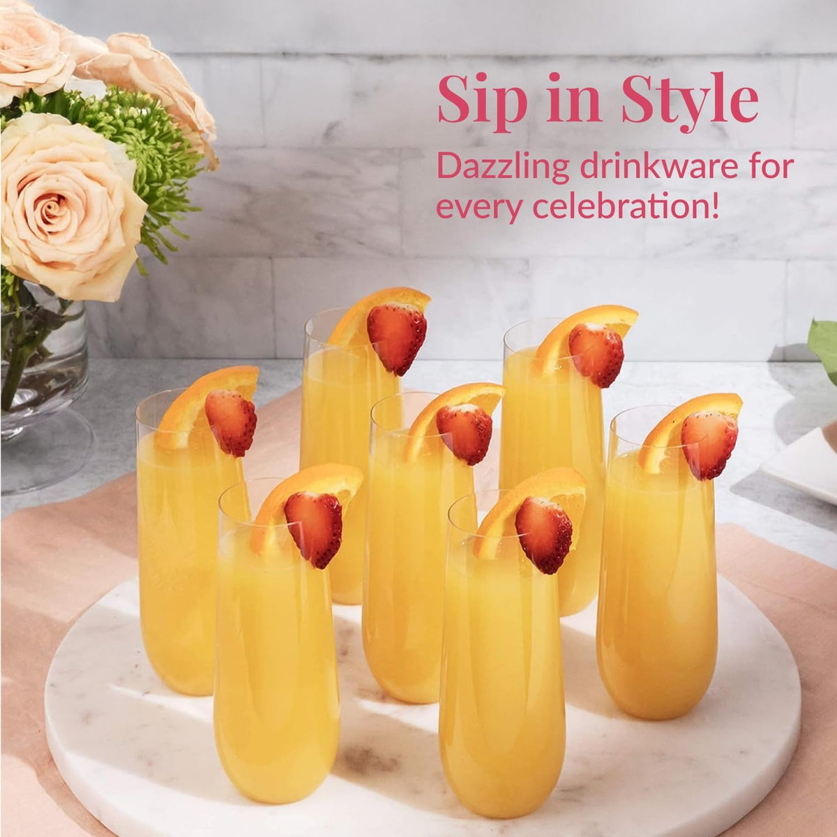 Prestee 24 Plastic Champagne Flutes - 9oz Heavy Duty Stemless Champagne Glasses for Parties - Disposable Clear Plastic Toasting Glasses, Mimosa Glass for New Year’s Eve Party Supplies