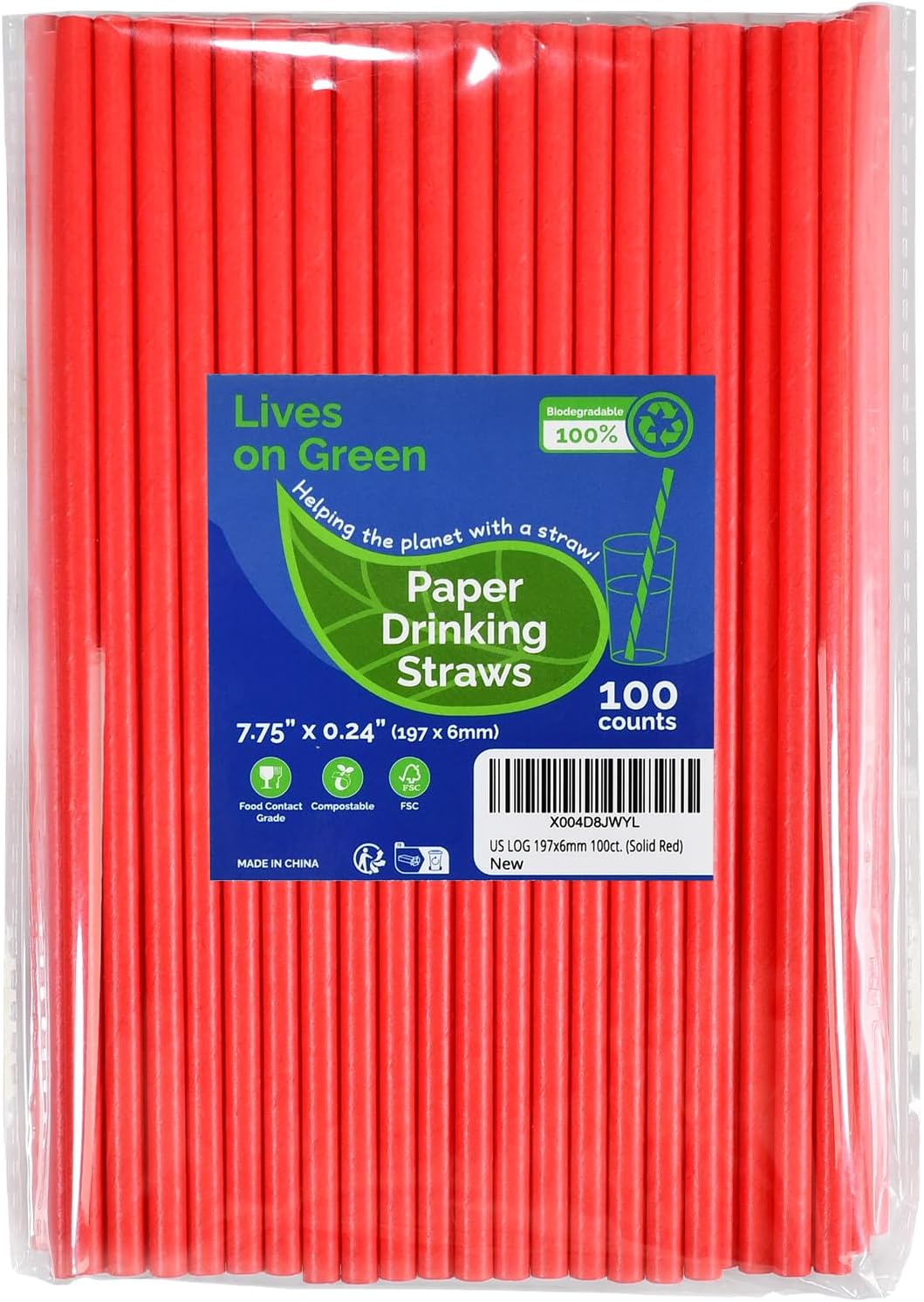 Disposable 7.75 inch Solid Red Paper Straws 100 Counts for Drinking, Decoration, Cake Pops, DIY Arts & Crafts - Eco-friendly