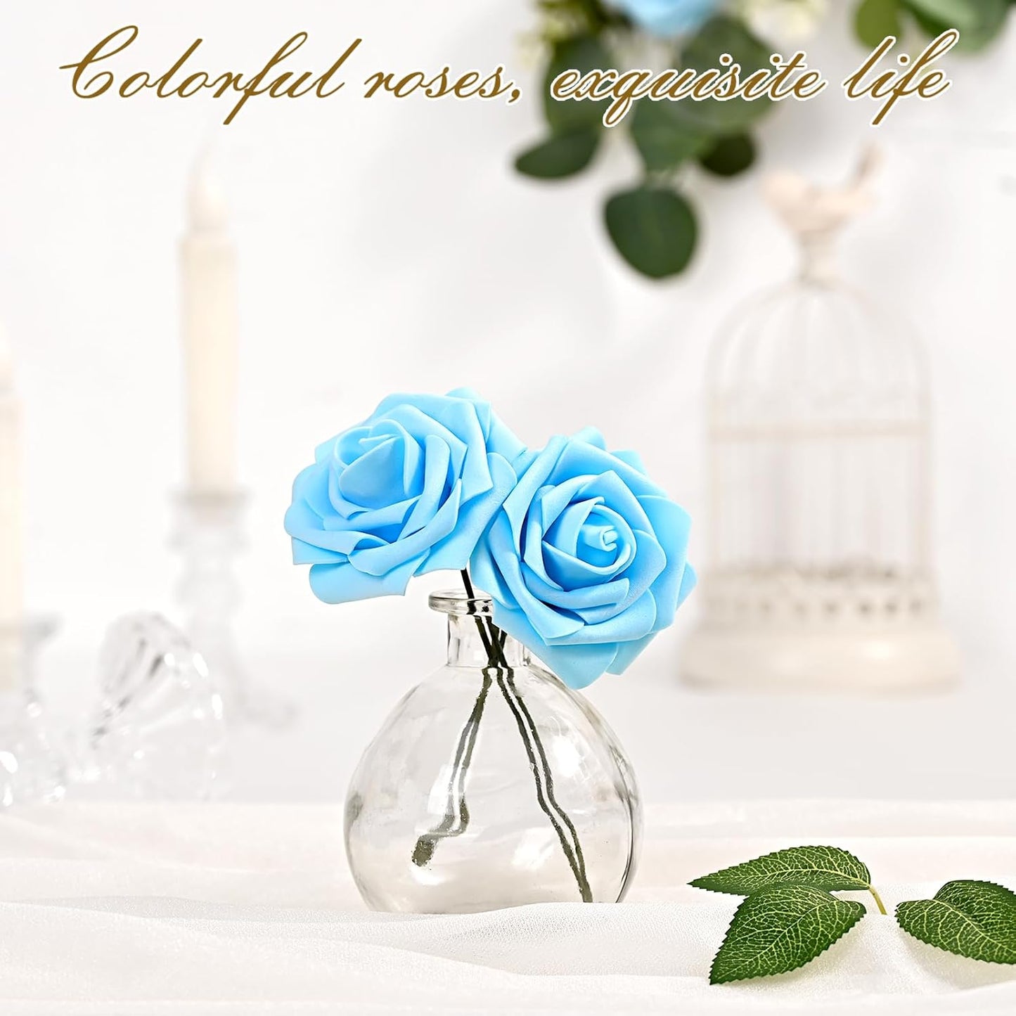 BLEUM CADE 16Pcs Artificial Flowers Fake Roses with Stems, Sky Blue Boxed Foam Roses for DIY Bouquets Centerpieces Wedding Party Arrangement Bridal Shower Decor