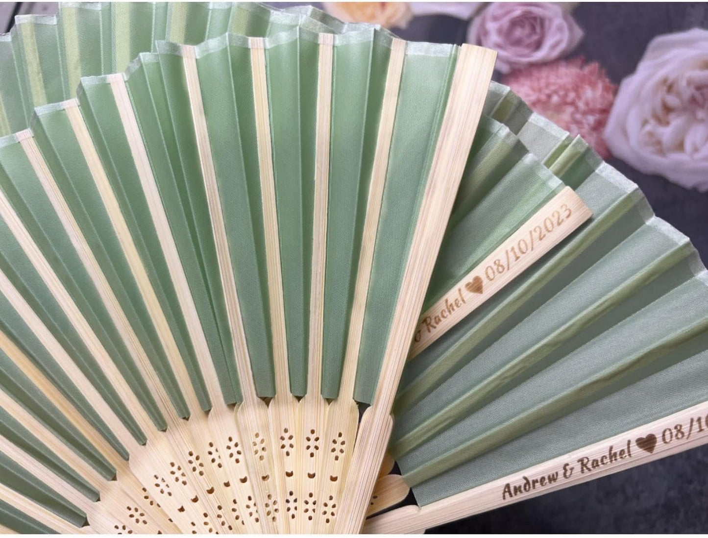 Personalized Wedding Fans Handheld Folding Fans(70Pcs) - Custom Engraved Green Silk Fans for Bridal Shower Favor/Baby Shower Favor, Birthdays Party Gifts/Gifts for Party Guests