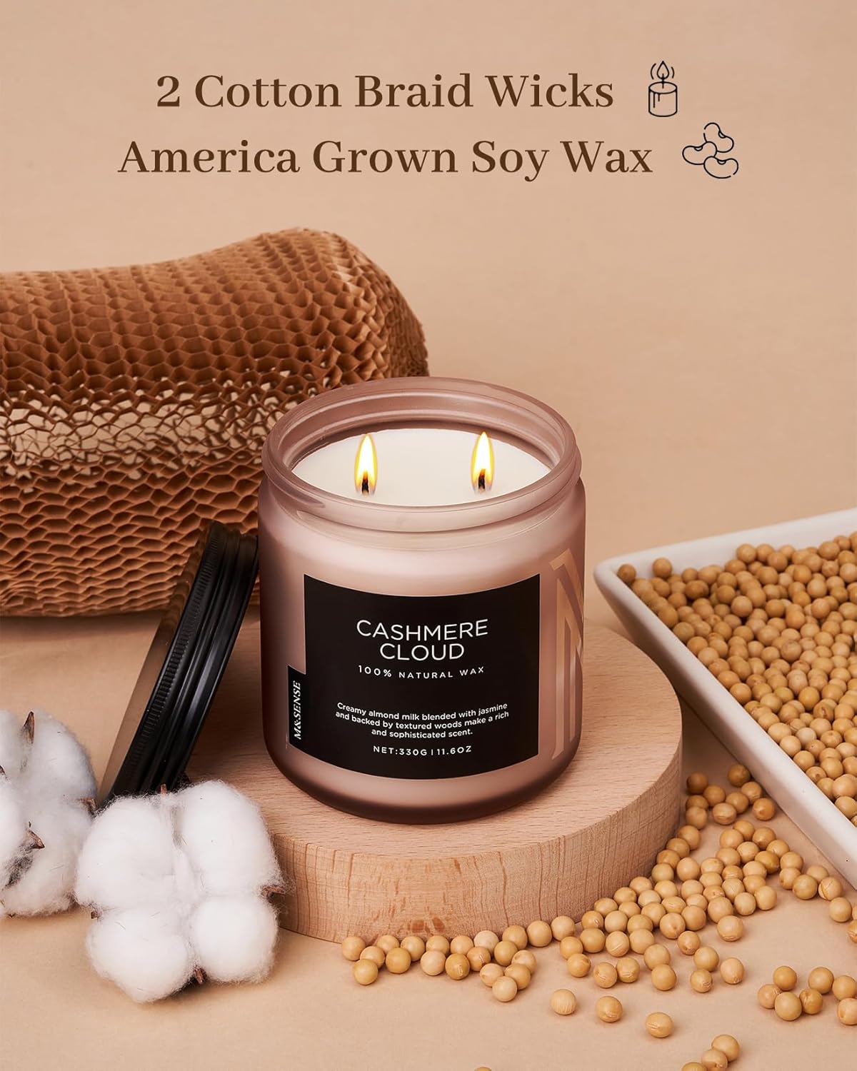 M&SENSE Creamy Almond Milk Scented Candle, 11.6oz Clean Non Toxic Natural Soy Wax Fragrance for Bathroom Bedroom 70 Hours Burn Time Candle, 2 Wick Aromatherapy Gifts for Housewarming