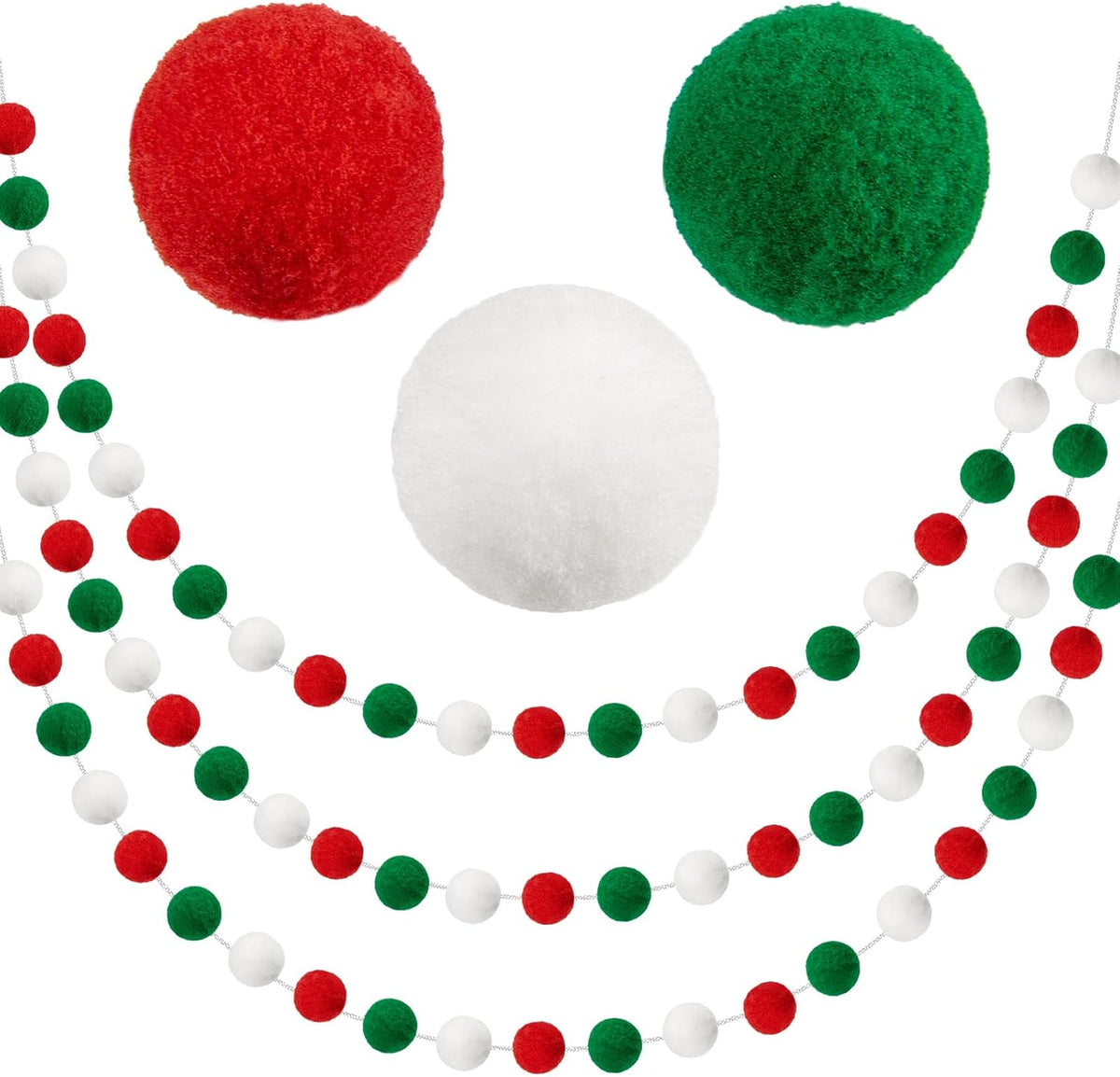 3 Pack Pom Pom Garland Colorful Felt Ball Garland Decorations, 6.5 Feet Long with 30 Balls Banner Hanging Supplies for Christmas, Parties (Red, Green & White)