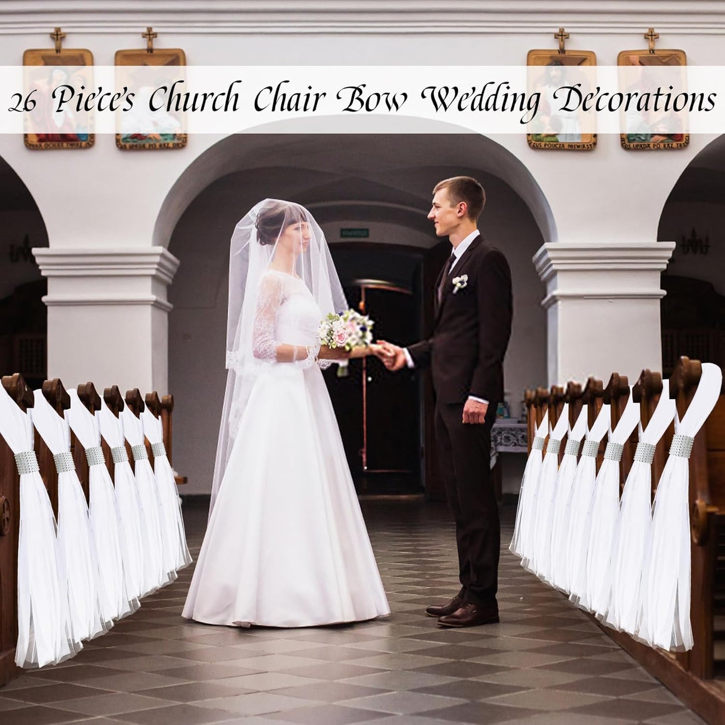 26 Sets Large White Pew Bows Tulle Wedding Aisle Chair Decorations, Extended Church Pew Decor Aisle Flowers Runner for Weddings Ceremony Outside Decorations(Silver)