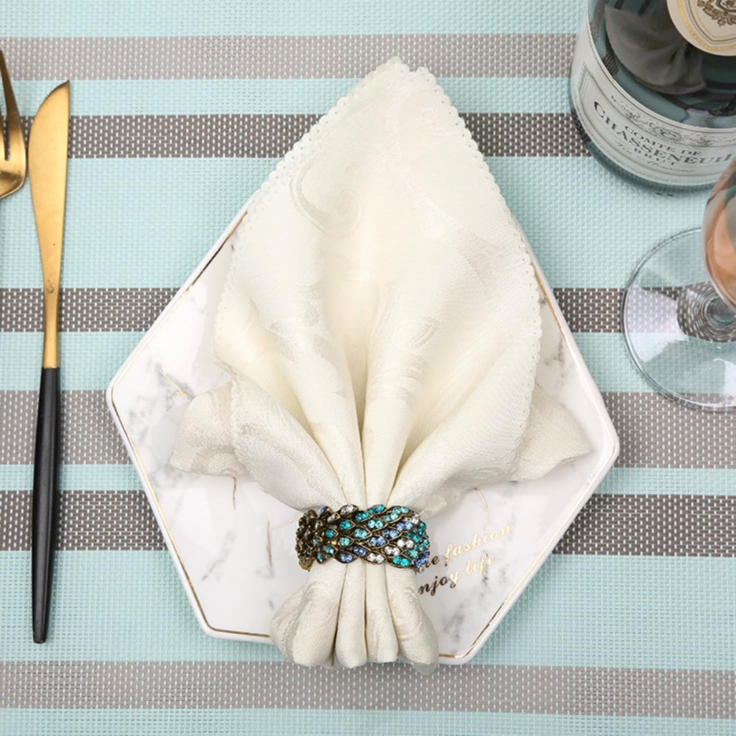 Jeweled Napkin Rings Set of 6 - Vintage Metal Crystal Rustic Peacock Napkin Ring Holders for Wedding Party Holiday, a Beautiful Dinner Table Décor (Multicolor)