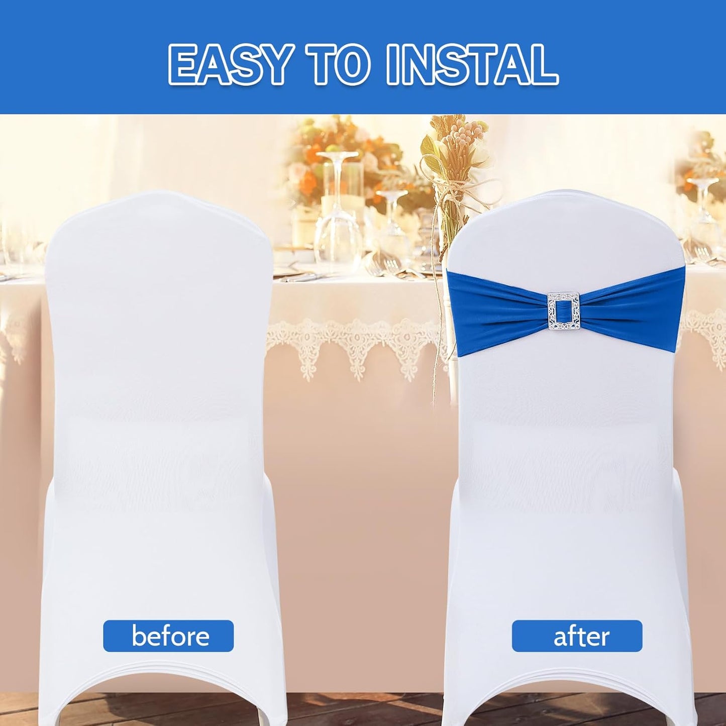 Joccun 120 PCS Spandex Chair Sashes Bows Stretch Chair Cover Band with Buckle Slider Universal Elastic Chair Ties for Wedding Banquet Party Event Decoration (Royal Blue)