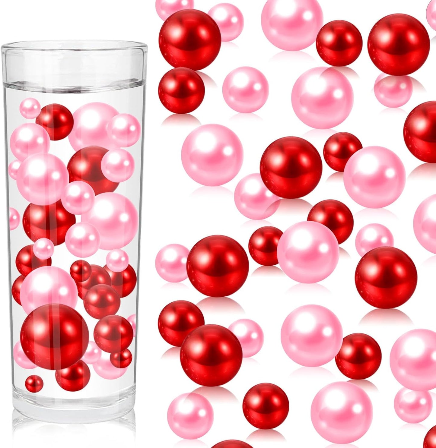100PCS Red Pink Faux Pearls Beads for Centerpiece Vases, Vase Filler Faux Pearls, No Holes Filler Beads for Party Anniversary Valentine's Day Table Decor, 14/20/30mm