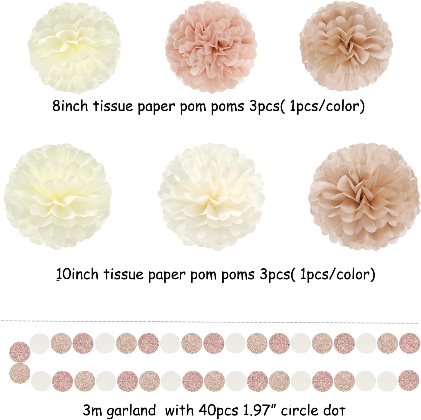 Champagne-Gold Beige Boho Baby-Shower Party-Decorations - 23pcs Fall Rustic Neutral Bridal Wedding Paper Tissue Pom Poms Streamers,Retro Tassel Garland,Girl Birthday Banner Decor Lasting Surprise