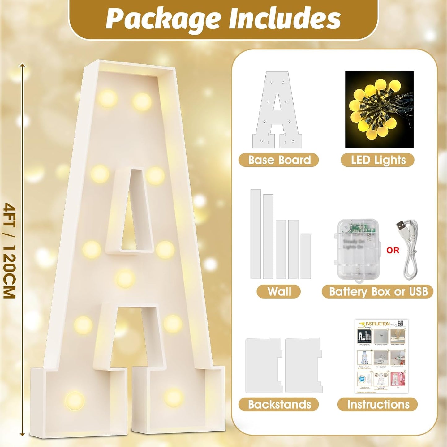 Ledido 4FT Marquee Light Up Letters Large Light Up Letters for Party Decoration, Marquee Letter for Birthday Graduation Baby Shower Wedding, Pre-cut Foam Board Assembly Required Letter V