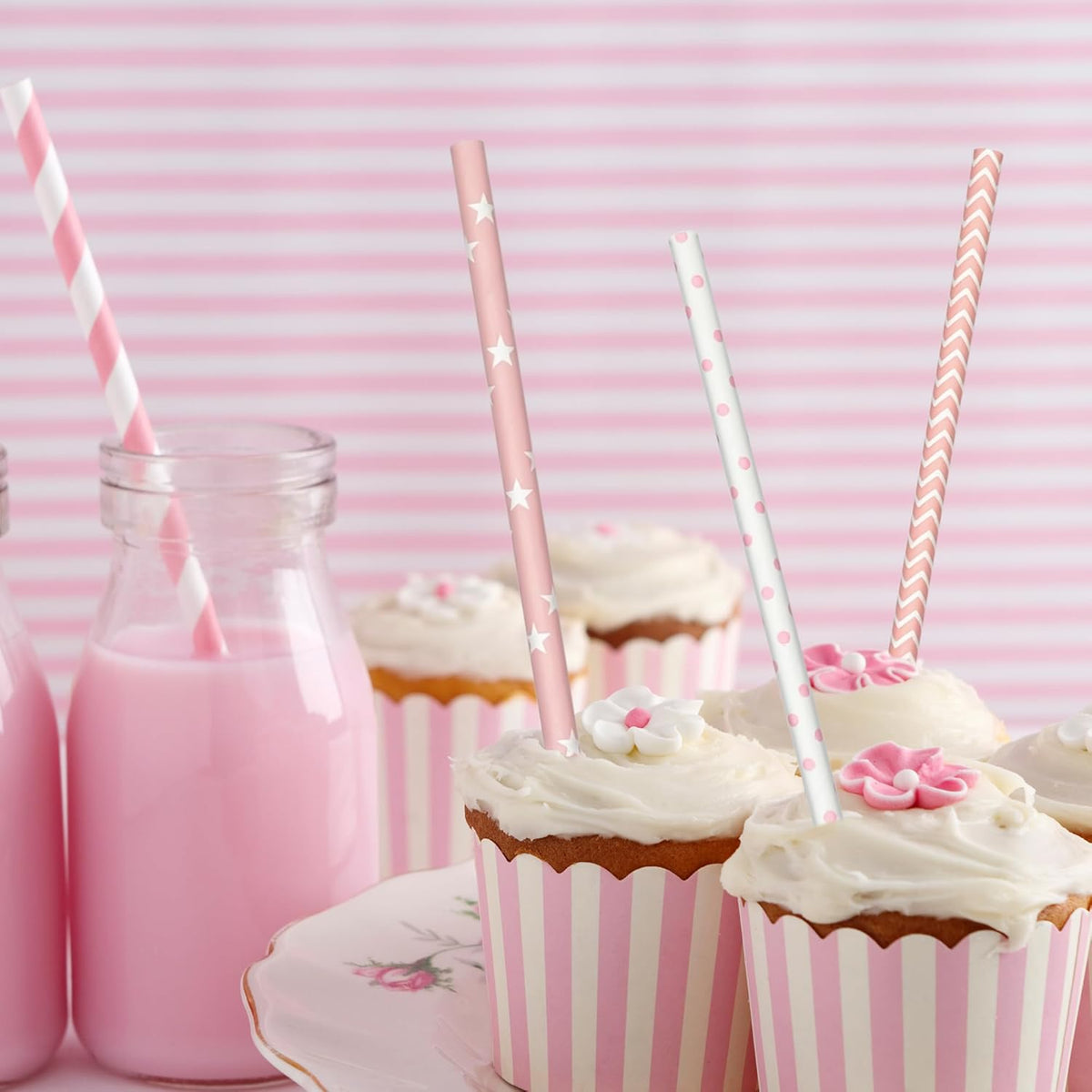200 Biodegradable Pink Paper Straws, Party Straws for Juice, Cocktail, Smoothies, Wedding, Birthday, Bridal/Baby Shower and Christmas Decorations Valentine's Day Holiday Celebrations