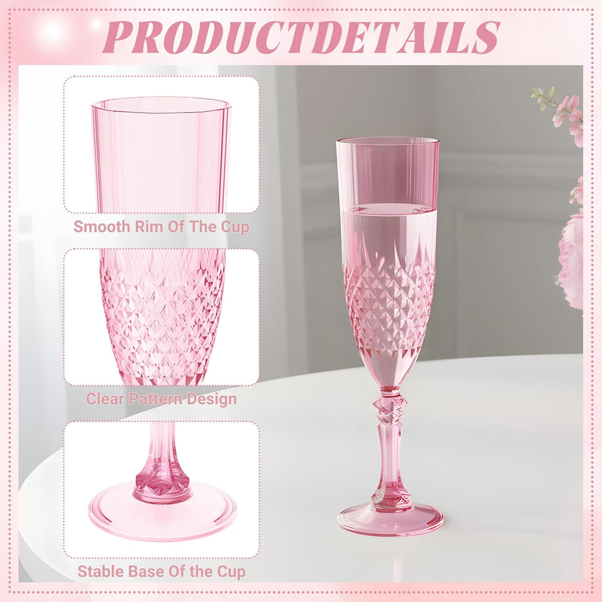 Plastic Champagne Flutes, 100PCS Pink Wine Glasses Goblets Cups Reusable Flute, for Weddings Bachelor Parties Toasting and Events(100, Pink)