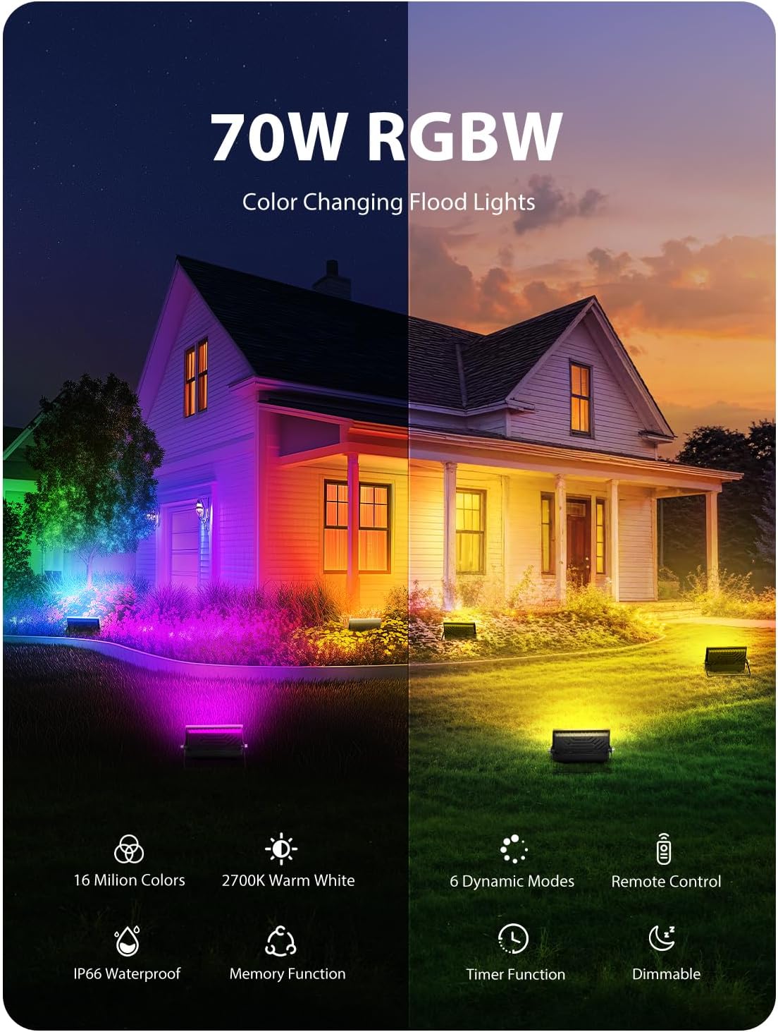 Onforu LED Flood Light Outdoor 700W Equiv, 70W Color Changing RGBW 2700K Floodlight with Remote, Stage Lighting Uplights for Events, IP66 Uplighting Outdoor Spotlight Floor Light for Halloween 4 Pack