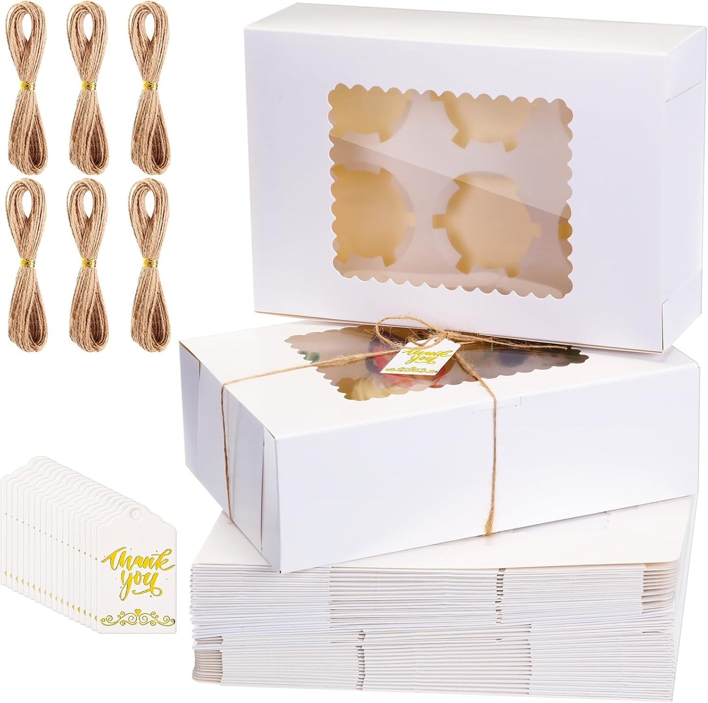 36 Pack Cupcake Boxes Hold 6 Count Disposable Cupcake Containers with Window and Cake Carrier with Thanks Card and Jute Rope to Muffins Cupcakes Cookies Gift Wrapping(White)