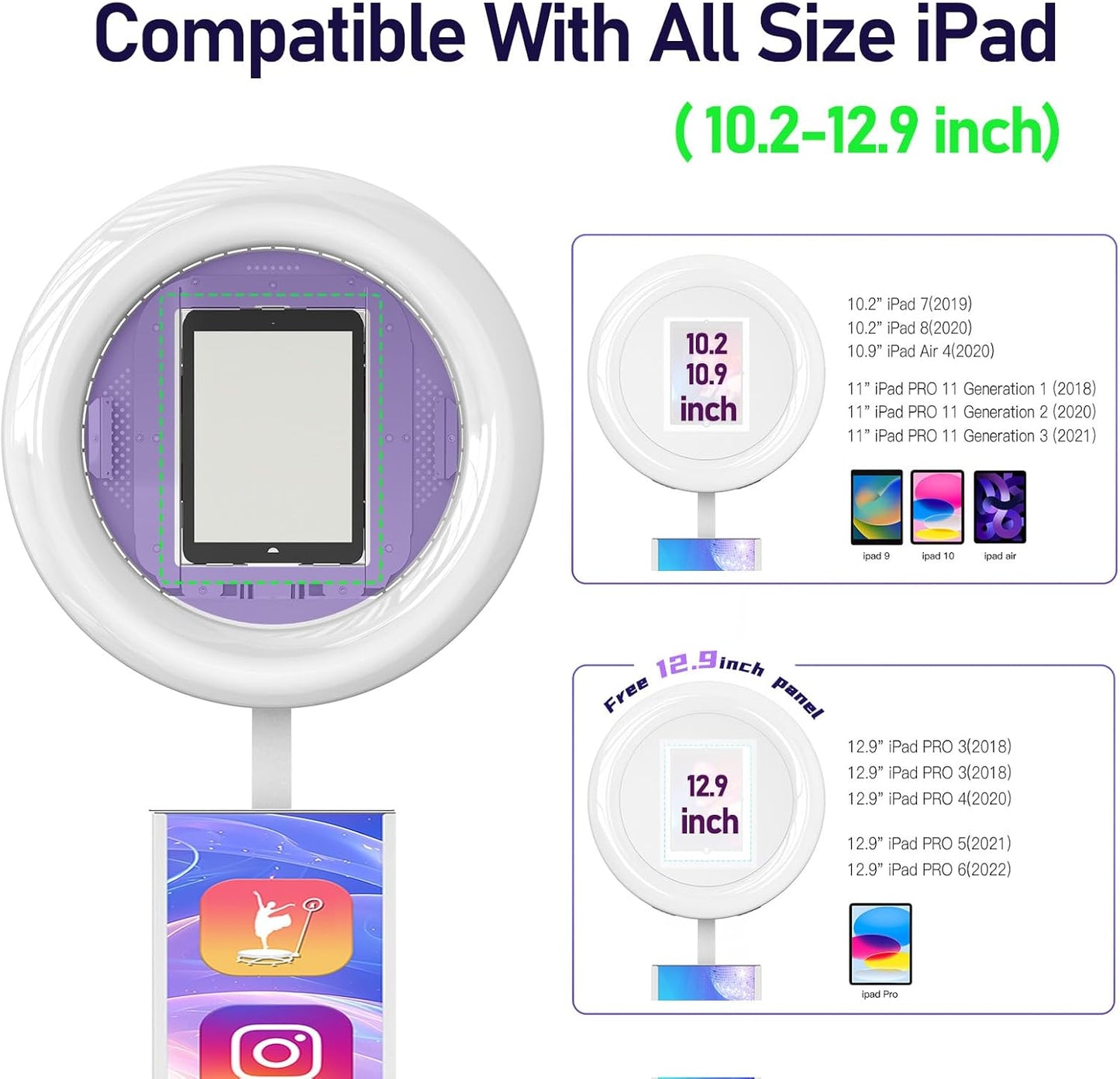 MWE Portable Photo Booth Machine Stand Compatible with Any Ipad with Software APP and Remote Control, RGB Ring Lights Music Sync, Free Custom Logo,Flight Case with Wheels (White, Light Box)
