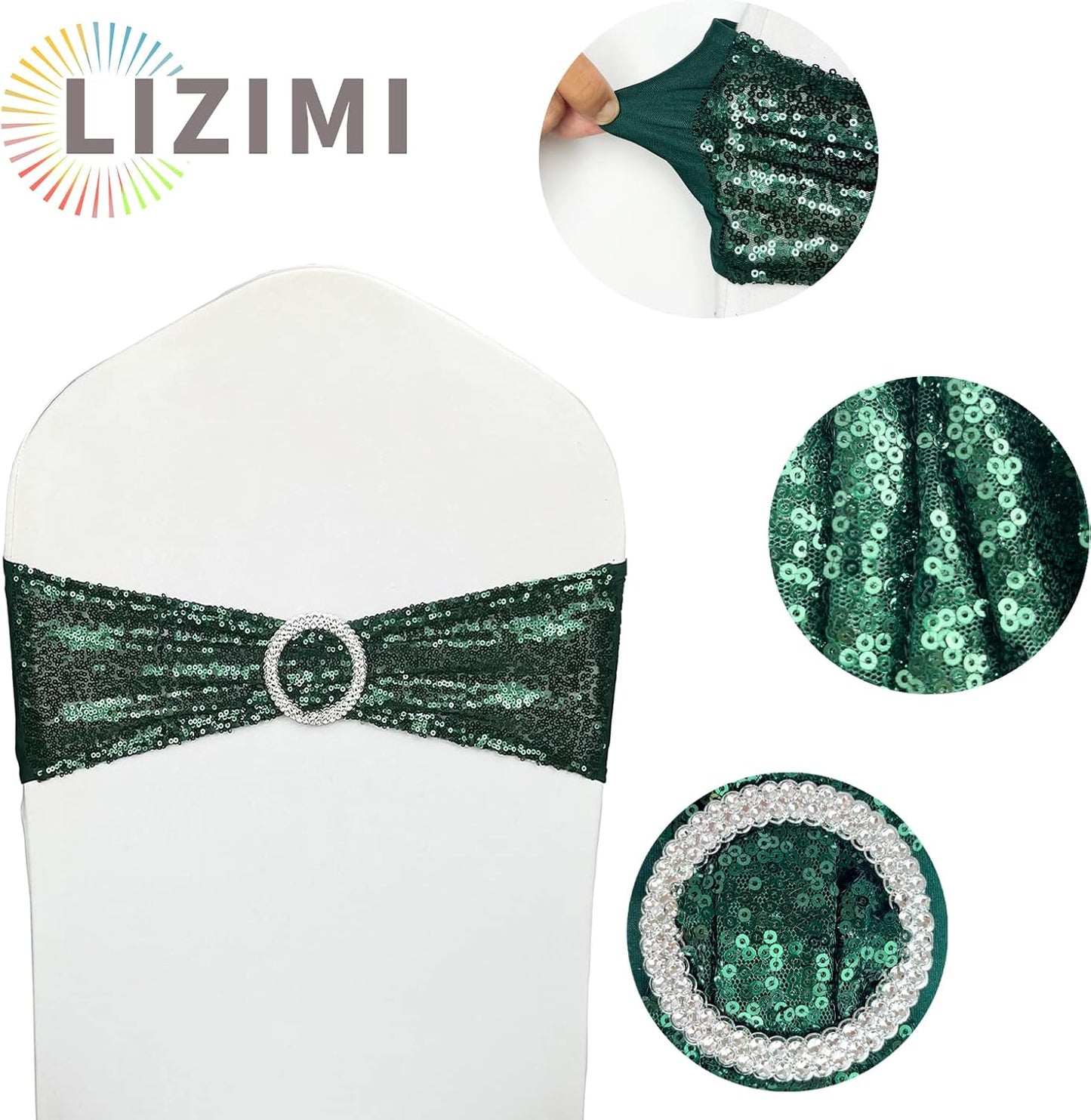 Chair Sashes Sequin Stretch Chair Bands Dark Green Spandex Polyester Bows for Party Hotel Wedding Banquets Decoration - 6 Pcs Hunter Emerald Green