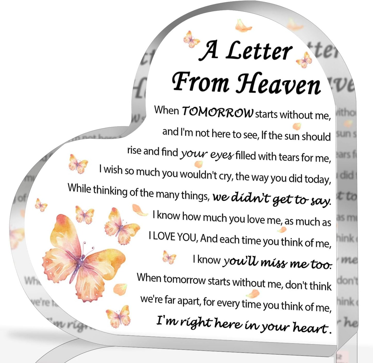 Sympathy Gifts - A Letter from Heaven- Memorial Gift for Loss of Mother Father Husband Son, Acrylic Heart Keepsake,Remembrance Sympathy Gifts 3.9 x 3.9 Inches Present（Butterfly）