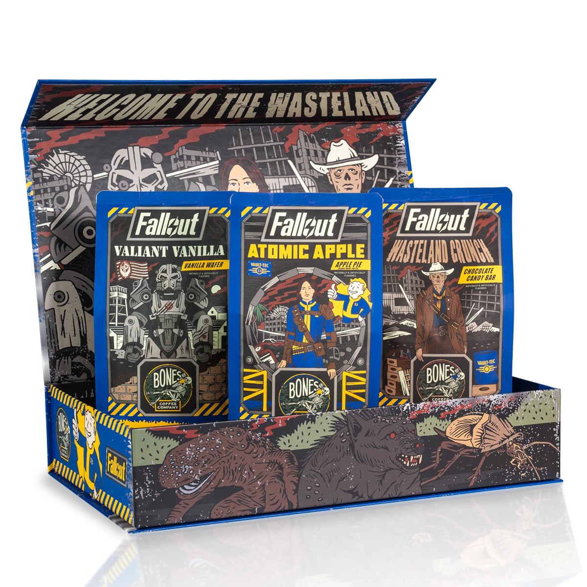 Bones Coffee Company Fallout Collector's Box Flavored Coffee, Low Acid Medium Roast Arabica Beans Coffee Gifts, Fallout Series Inspired, For Auto Drip and French Press,12 oz Pack of 3 Ground