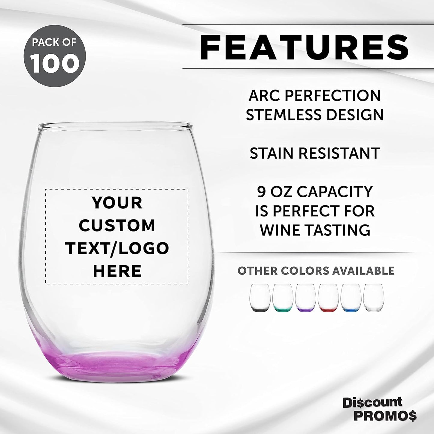 Custom Stemless Wine Glass 9 oz. Set of 100, Personalized Bulk Pack - Great for Wedding Favors, Bachelorette Party Decorations, Party Favors, Color Bottom - Pink
