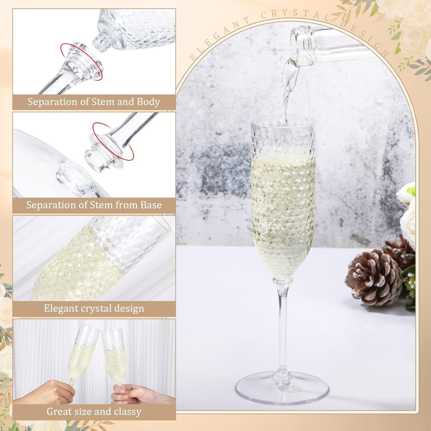 Remerry 48 Pack Detachable Plastic Champagne Flutes 5.5 oz Champagne Glasses Bulk Disposable Mimosa Glasses Reusable Wine Cups for Wedding Toasting Baby Shower Birthday Party New Years (Clear)