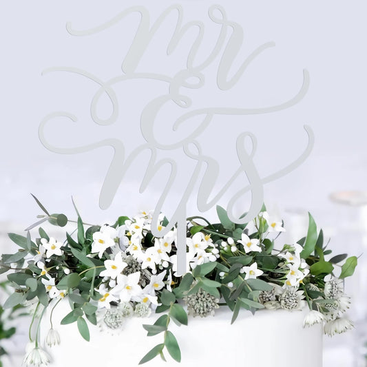 Mr and Mrs Cake Topper - Glitter Silver Acrylic Wedding Cake Decorations, Bride and Groom Cake Pick (Silver)