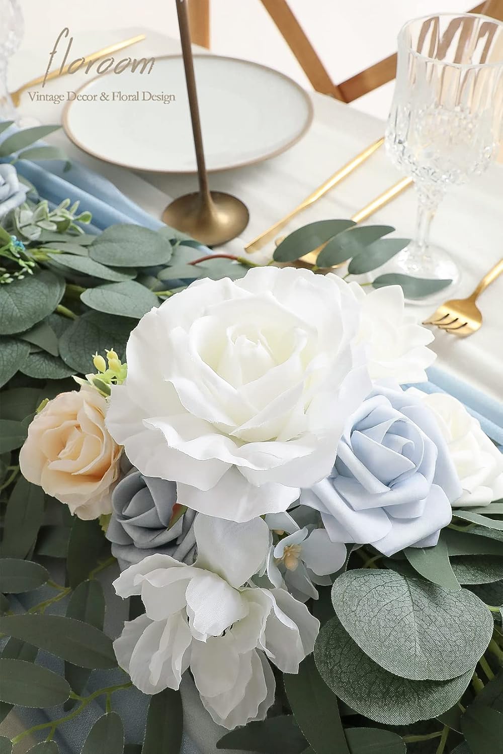 Floroom 6ft Artificial Eucalyptus Garland with Flowers Fake Greenery Faux Floral Vine Garland for Table Decor Wedding Centerpieces Bridal Shower Party Decorations, Dusty Blue