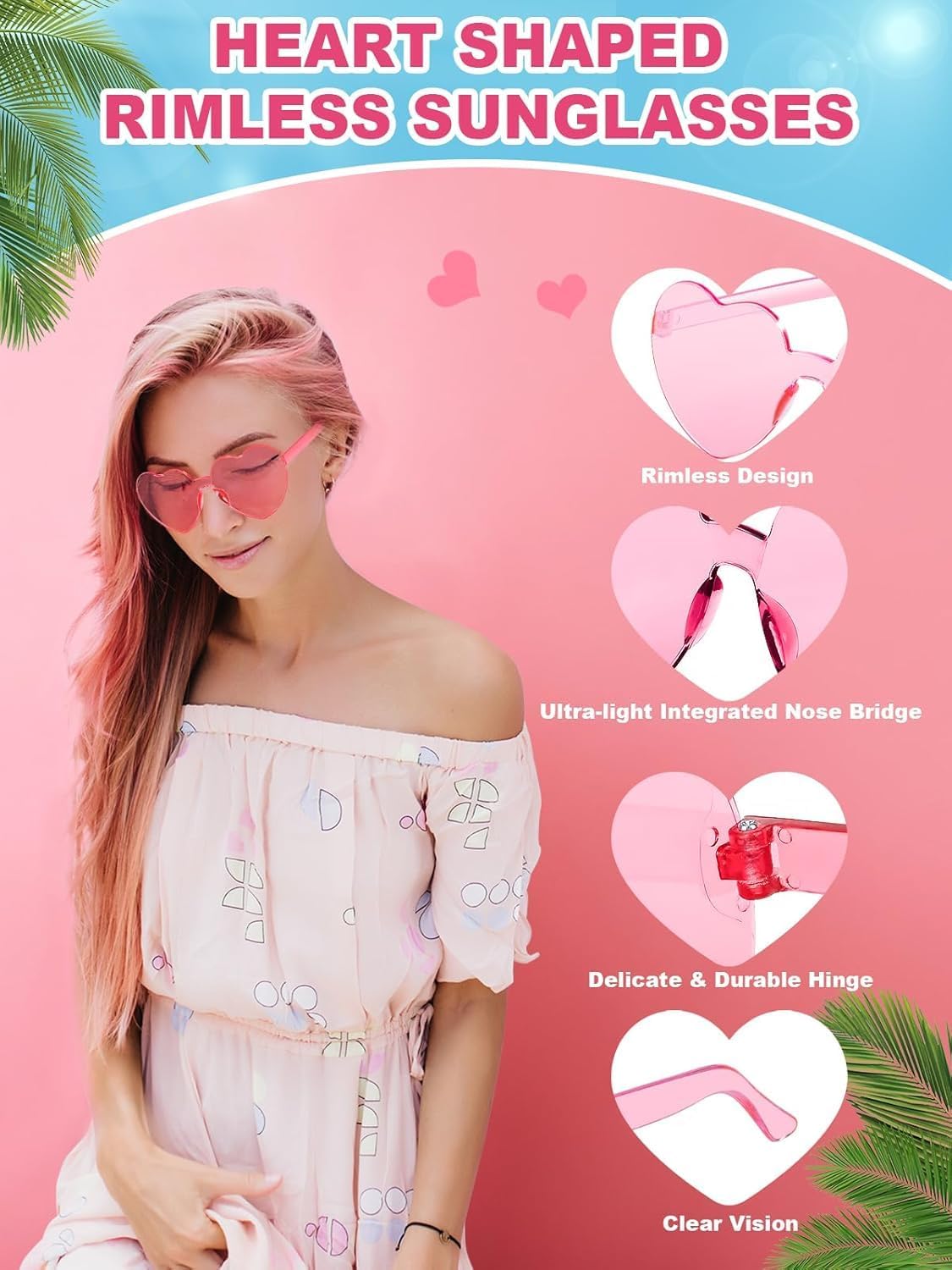 12 Pairs Heart Shaped Sunglasses for Women Colorful Glasses Fun Trendy Transparent Heart Sunglasses Party Favor (1 Pair-Pink)