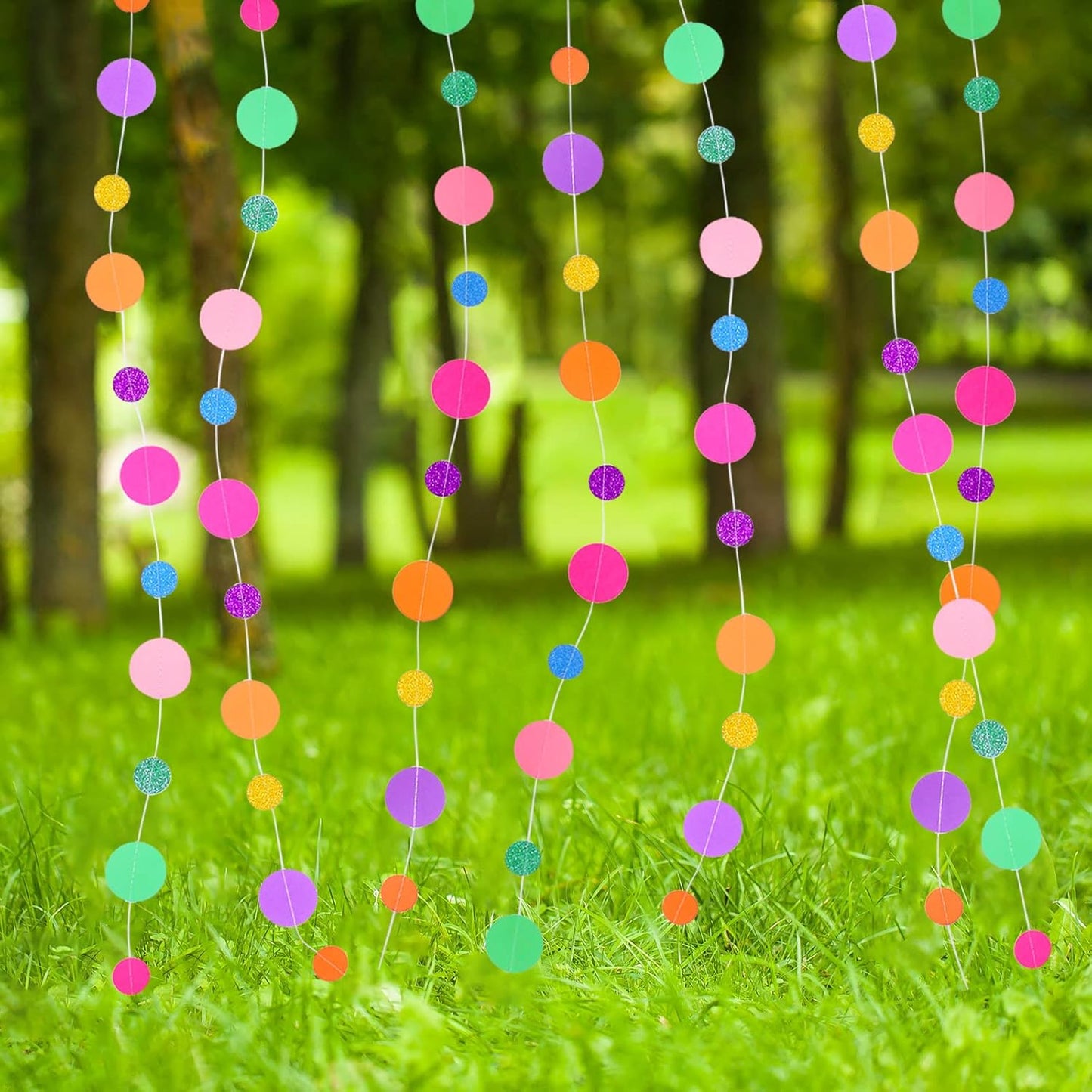 Outus 20 Pieces Colorful Dots Paper Garland Round Glitter Garland Hanging Confetti Streamers Backdrop for Candy Birthday Classroom Halloween Trunk or Treat Car Decoration (Rainbow)