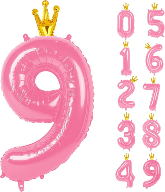 40 Inch Pink Number Balloon 0-9(Zero-Nine) with Crown, Big Size Happy Birthday Balloon, Foil Helium Big Number Balloon for Birthday Party,Wedding, Anniversary (PINK 9)
