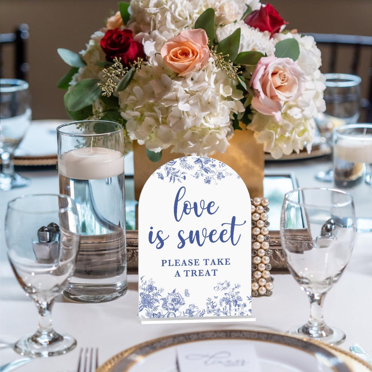 Acrylic Wedding Signs, Dusty Blue Wedding Decor, Blue Weddings Decor, Love is Sweet Signs for Reception, Modern Calligraphy Arch Acrylic Table Top Sign for Weddings Parties Dinners (White)