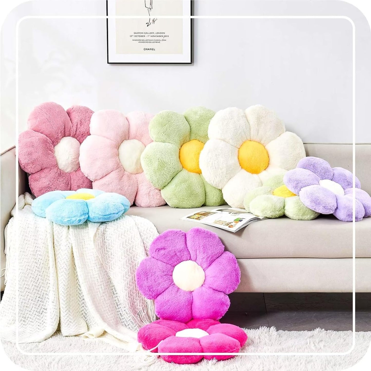 Hot Pink Flower Pillow, Cute Decorative Flower Shaped Throw Pillow with Faux Rabbit Fur, 19.6" Soft Flower Plush Throw Pillow Floor Pillows Room Décor for Bedroom Living Room