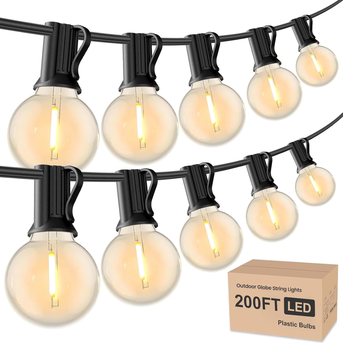 RTTY Outdoor String Lights 200ft, 2 Pack 100ft G40 Led Patio Globe Lights with 52pcs Bulbs,Shatterproof Waterproof Connectable Outside Hanging for Porch Cafe Bistro Backyard Gazebo Balcony Deck Party